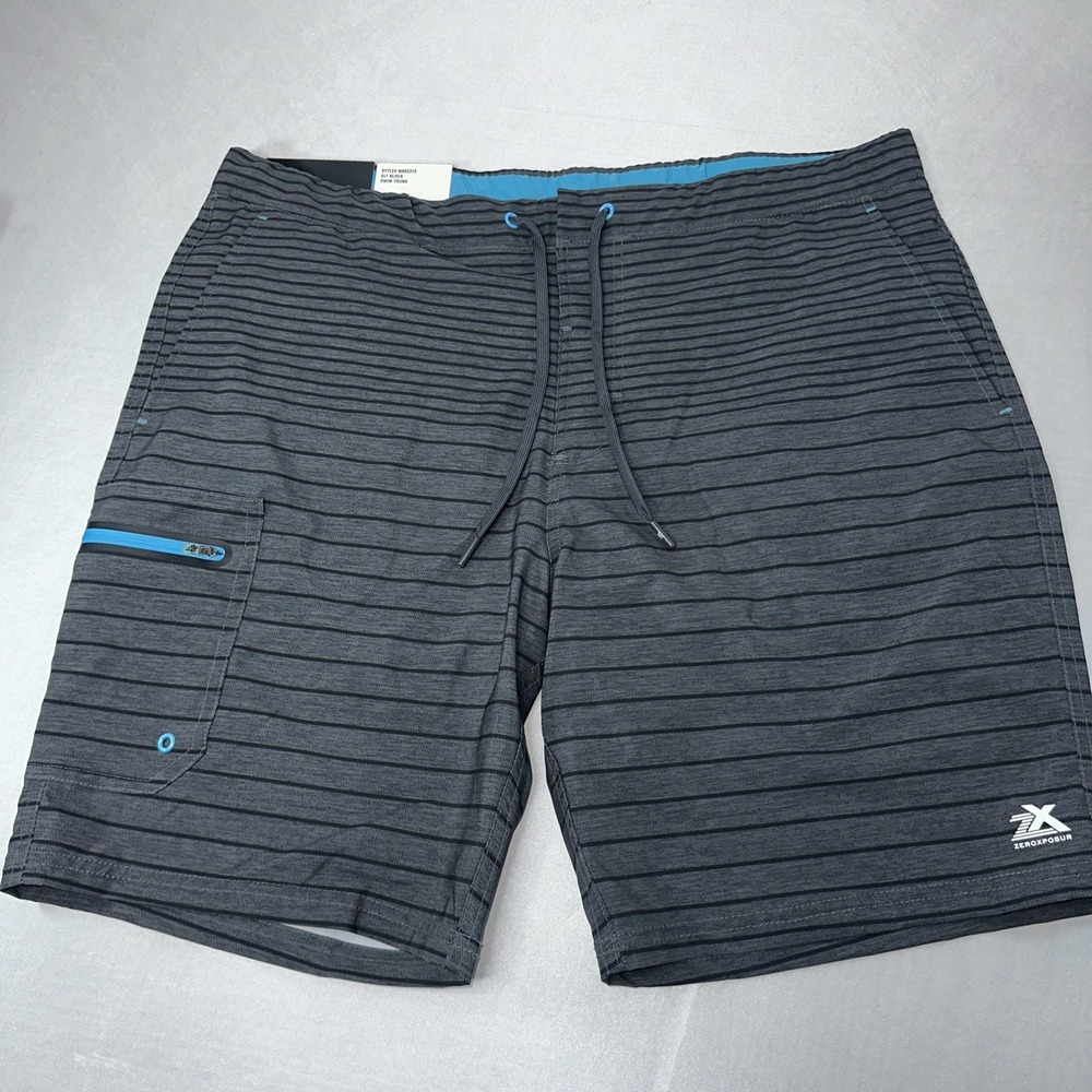 Zeroxposur Black Gray Striped Swim Trunks Shorts‎ Lined Mens Size XL